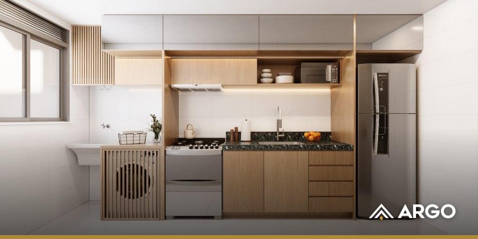 Cozinha planejada e funcional de apartamento ARGO, com área de serviço integrada