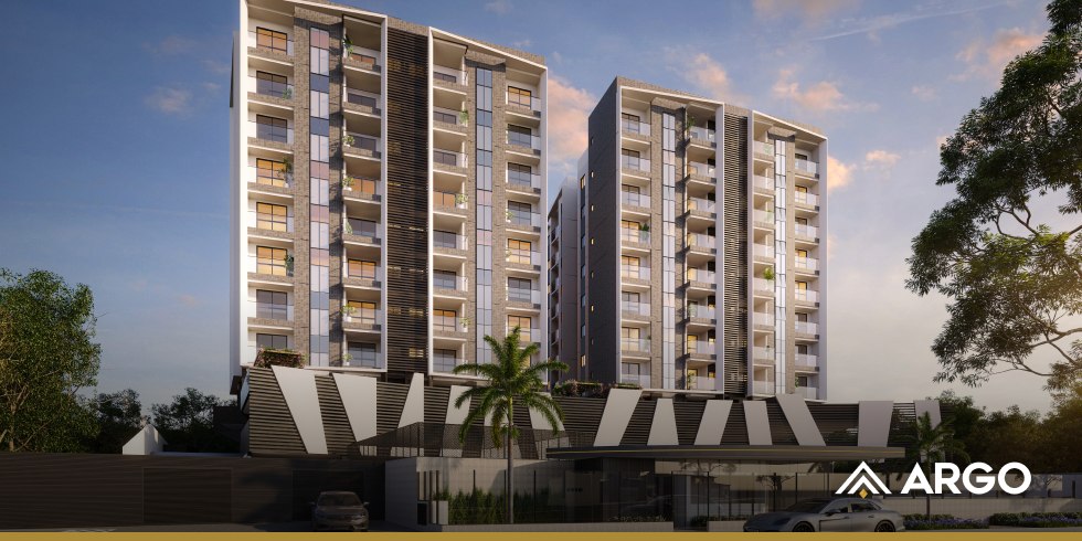 Fachada de empreendimento residencial ARGO com duas torres ao entardecer