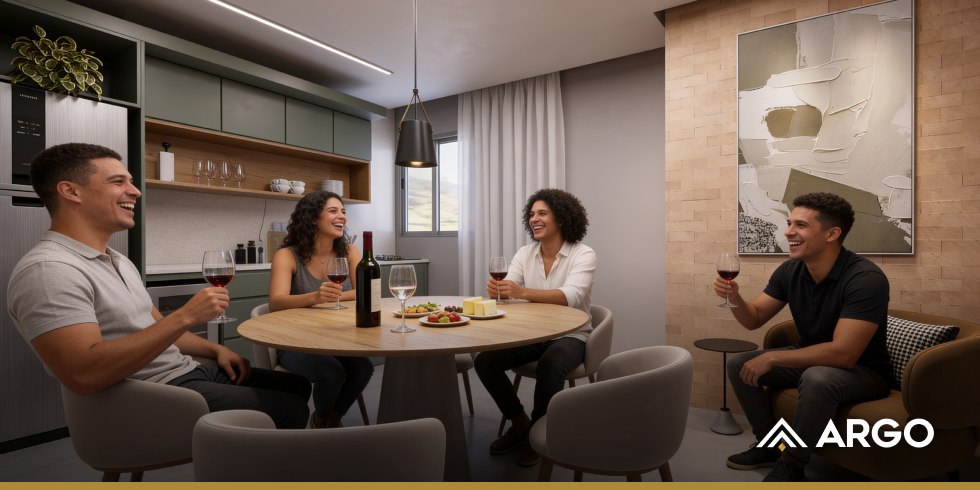 Amigos reunidos à mesa na sala de um apartamento, mostrando o imóvel como parte da rotina de quem mora